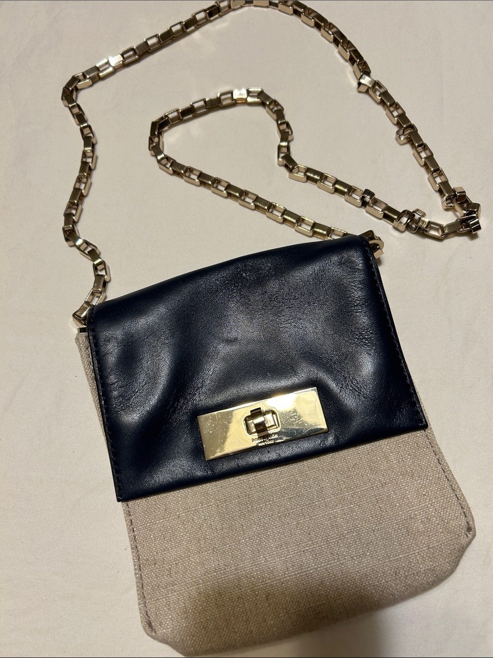 kate spade Navy Leather and Beige Canvas Crossbody with Gold Chain
